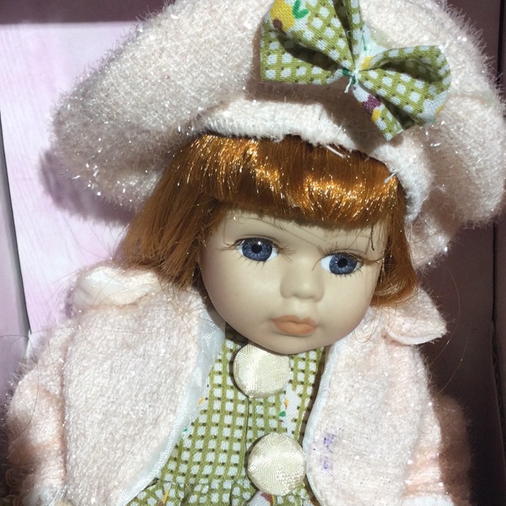 Little Girl Dressed in Pink Beret &  Sweater w/ Red Hair
